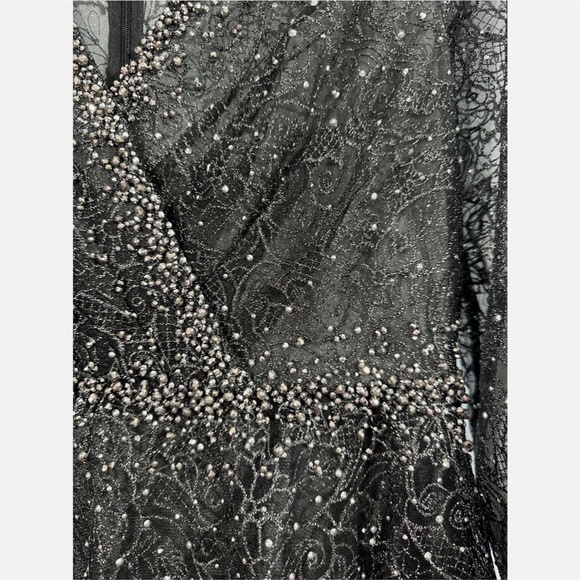 NWT $798 Mac‎ Duggal [ 8 ] Embellished Long Sleeve V Neck Gown in Graphite - Picture 10 of 15